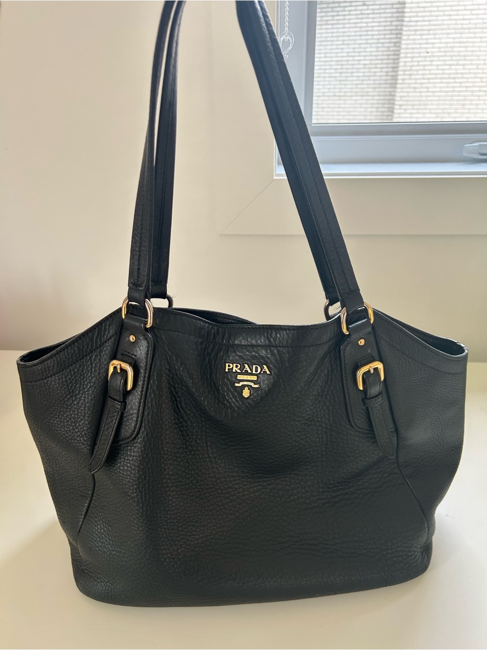 Prada Black Pebbled Leather Tote with Gold Hardware
